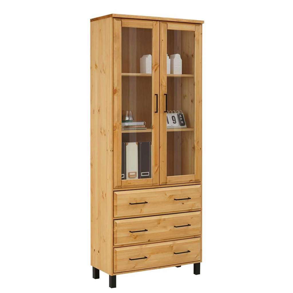 Esszimmer Vitrinenschrank aus Kiefer Massivholz drei Schubladen