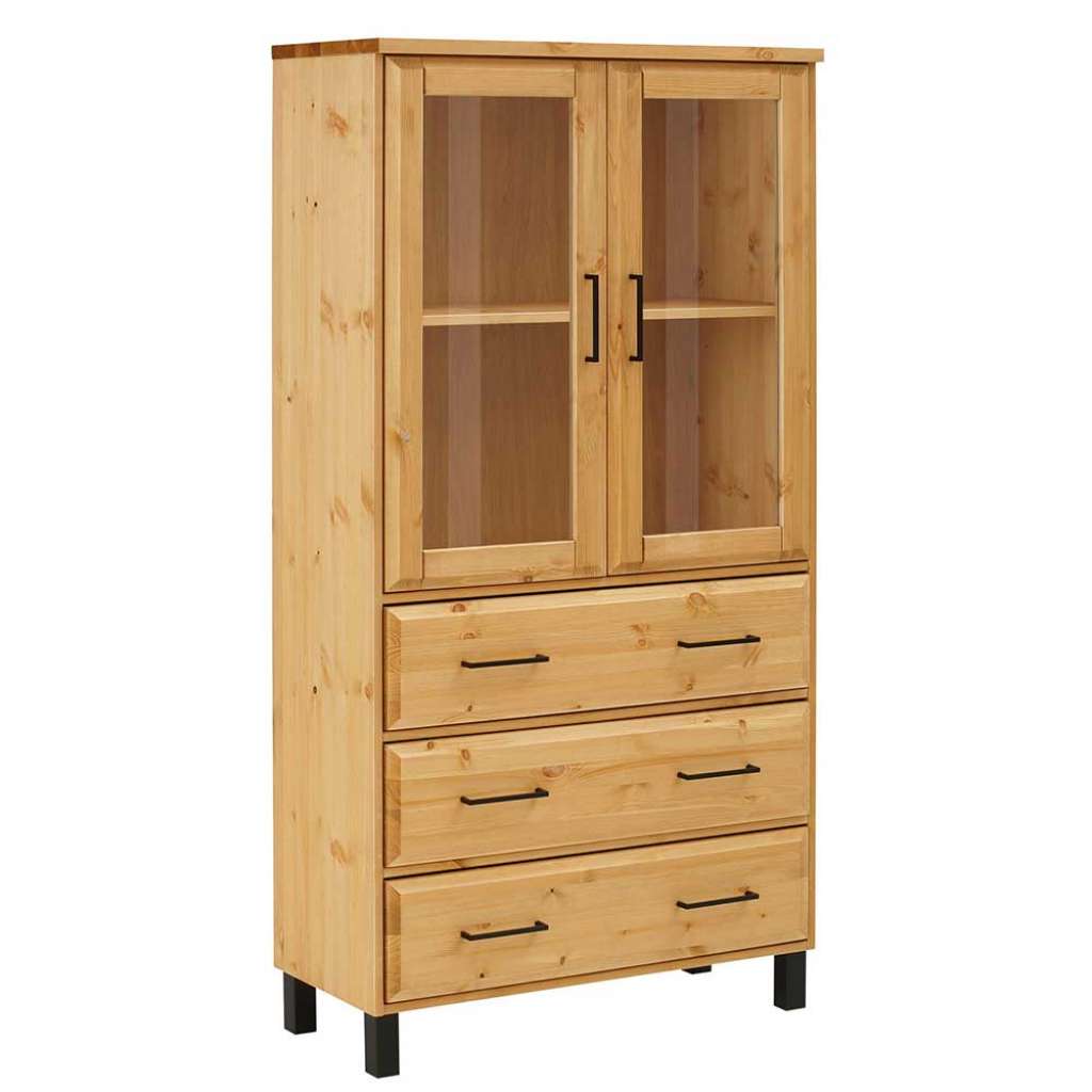 Esszimmervitrinenschrank in Kieferfarben drei Schubladen