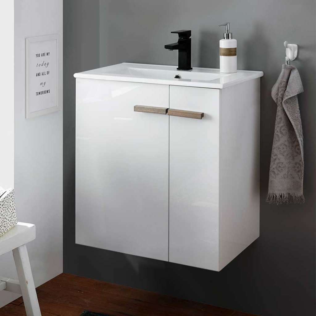 Waschbeckenschrank in Eiche Holzoptik & Weiß Einlasswaschbecken