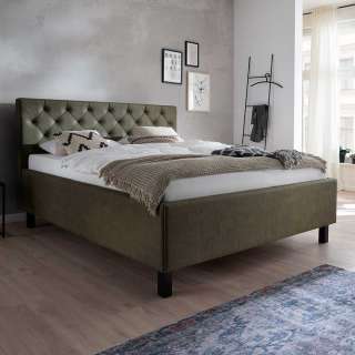 Gepolstertes Bett in Oliv Grün Gestell aus Holz