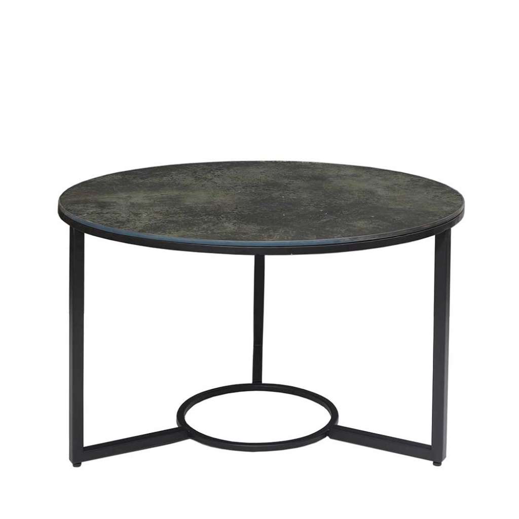 Rundtisch in Graubraun & Schwarz bedrucktem Glas und Metall