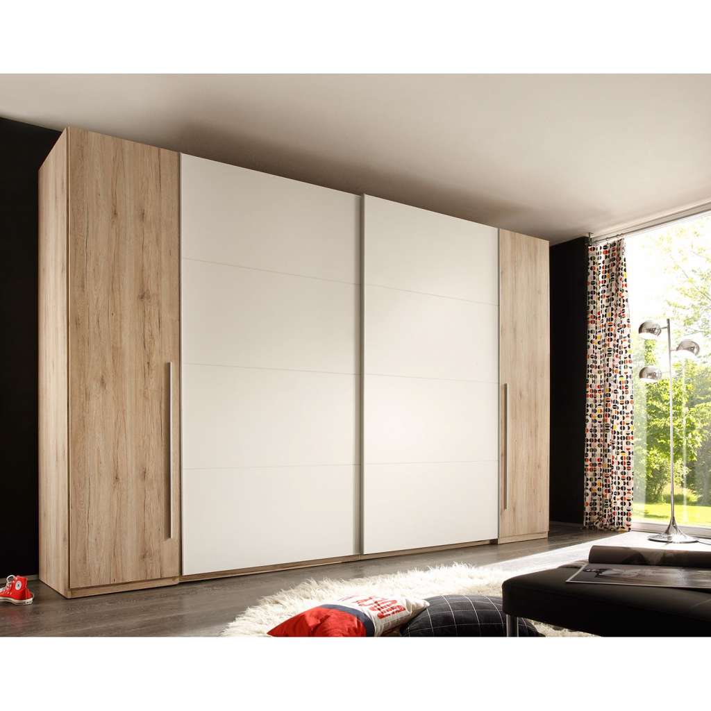home24 Fredriks Schwebetürenschrank Crieff Eiche Sanremo Dekor/Weiß 316x226x61 cm (BxHxT) 4-türig Spanplatte Modern