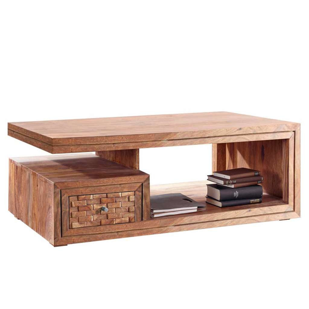 Couchtisch Holz aus Sheesham in Teak einer Schublade