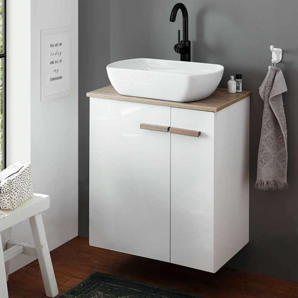 Waschkommode in Eiche Holzoptik & Weiß Aufsatzwaschbecken