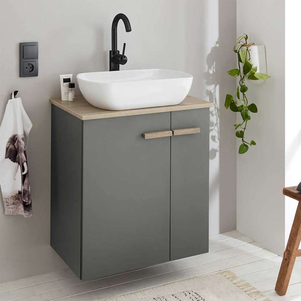 Bad Unterschrank in Eiche Holzoptik & Anthrazit Aufsatzwaschbecken