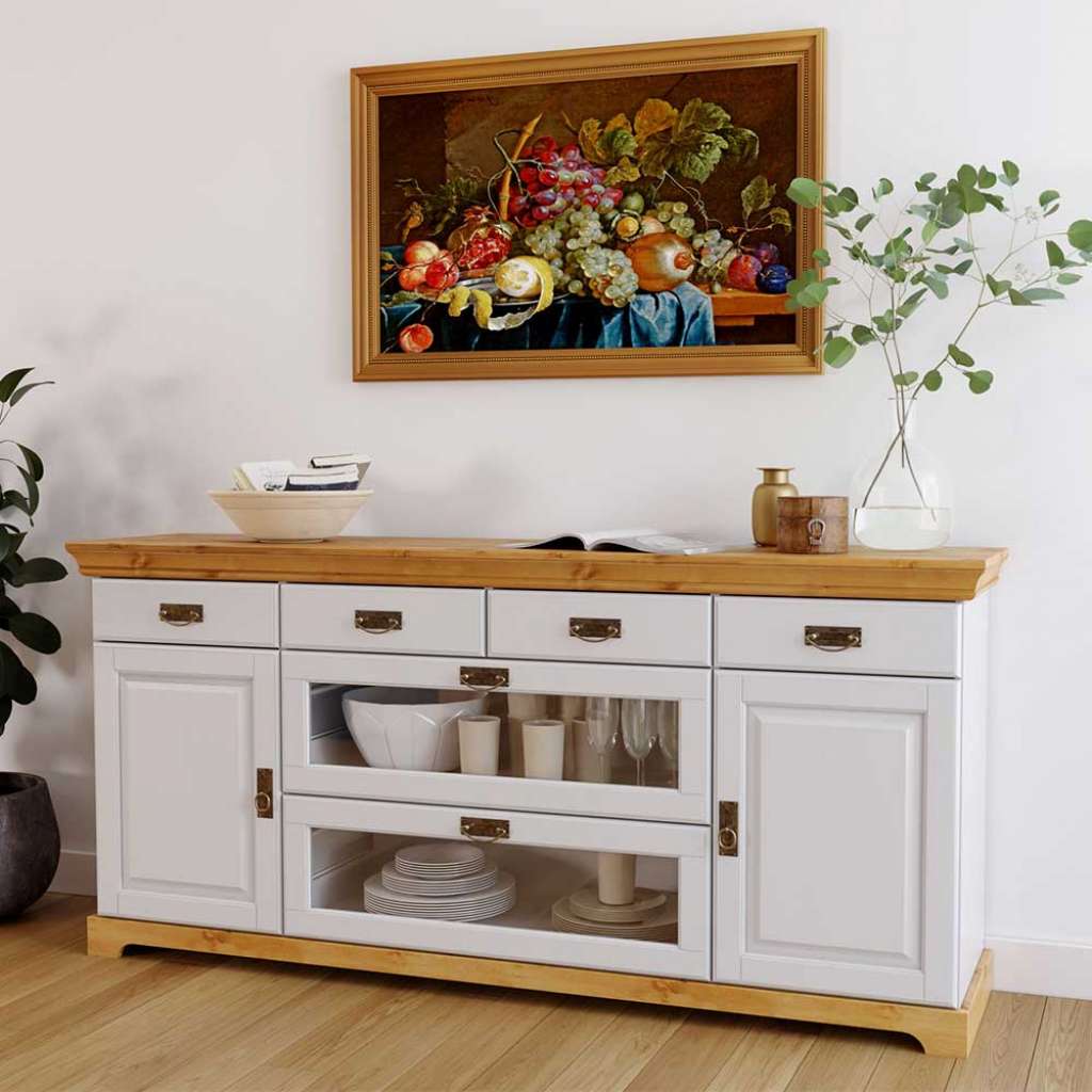 Landhaus Sideboard Schubladen mit Glasfront 2 türig