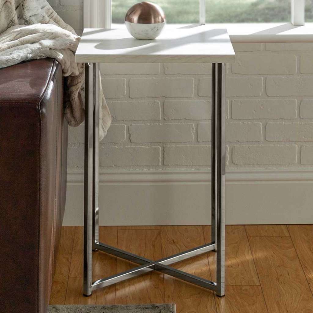 Marmoroptik Tisch mit Bügelgestell Chromfarben