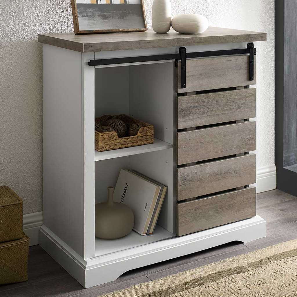 Schiebetür Kommode im Skandi Design Weiß & Grey Wash Optik
