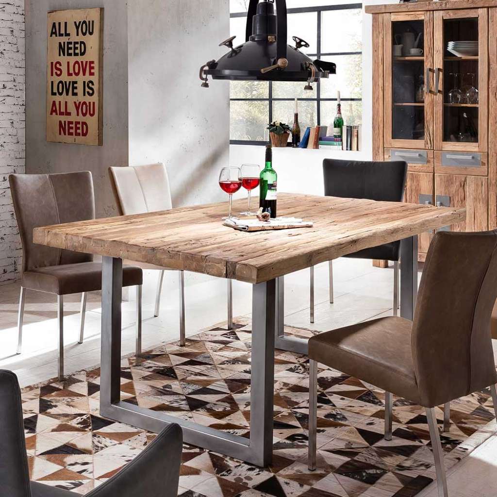 Bügelgestell Tisch im Industrie und Loft Stil Recyclingholz Platte Teak