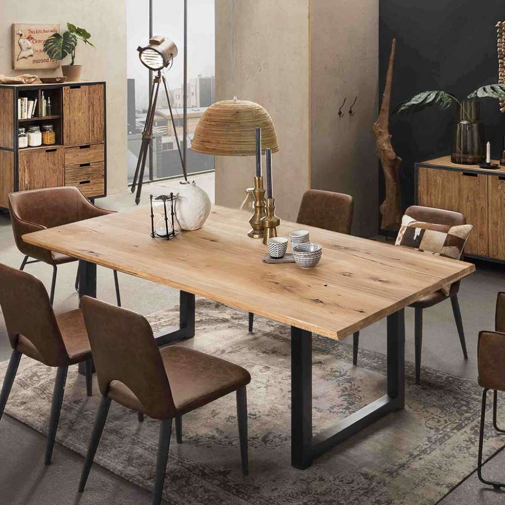 Massivholz Tisch Platte Wildeiche geölt Metallbügelgestell