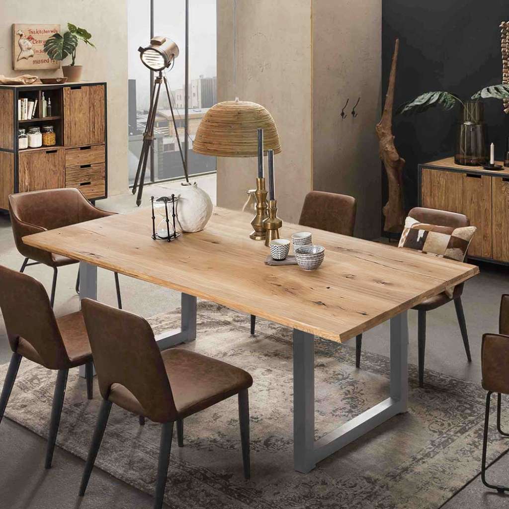 Wildeiche Tisch Oberfläche geölt Metallbügelgestell Altsilber