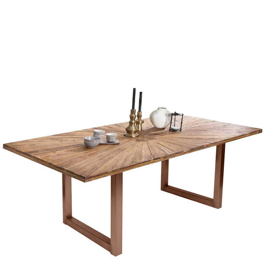 Holztisch Massiv in Teakfarben Platte mit Einlegearbeit