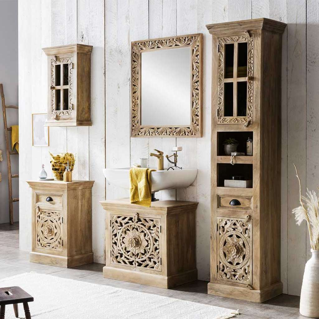 Holz Badmöbel im Vintage Look White Wash und geschnitzt (fünfteilig)