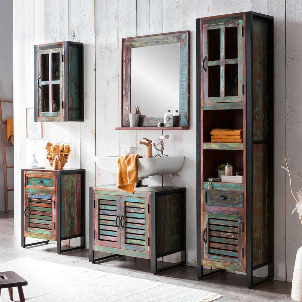 Massivholz Badmöbel mit Spiegel Shabby Chic Stil (fünfteilig)
