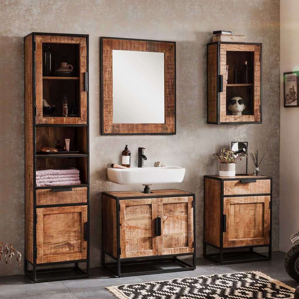 Mangoholz Badmöbel mit Spiegel rustikalen Stil (fünfteilig)