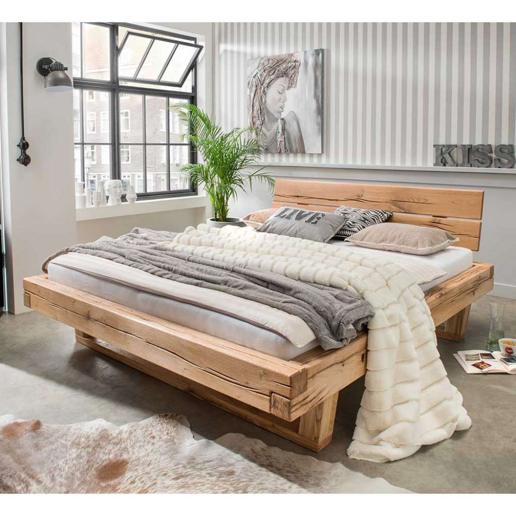 Balkenbett mit Kopfteil aus Eiche Massivholz geölt