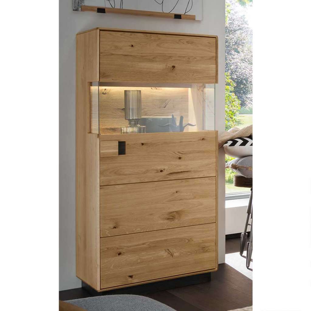 Massive Wohnzimmer Vitrine aus Wildeiche und Eiche LED Beleuchtung