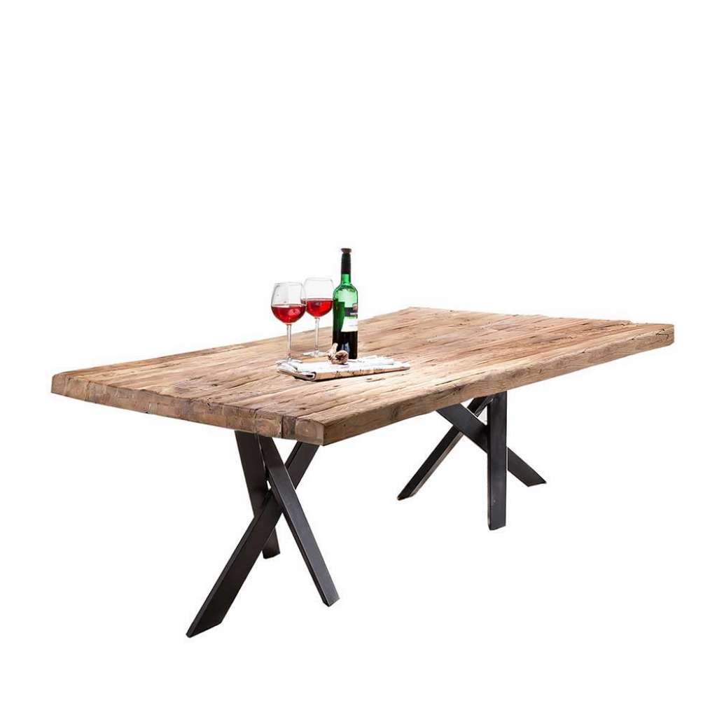 Massivholztisch in Teakfarben und Schwarz Industriedesign