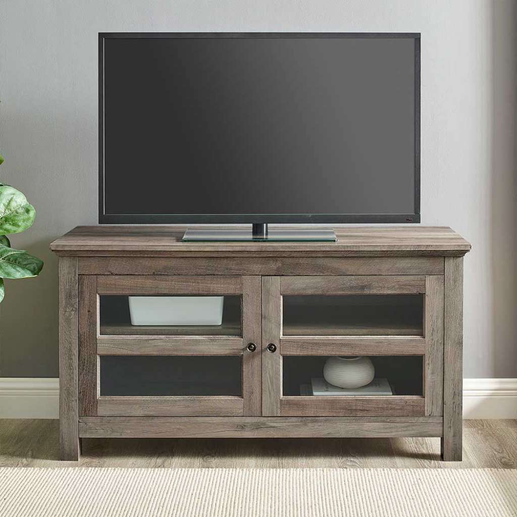 Landhaus TV Unterschrank in Holz Grey Wash Optik Glastüren