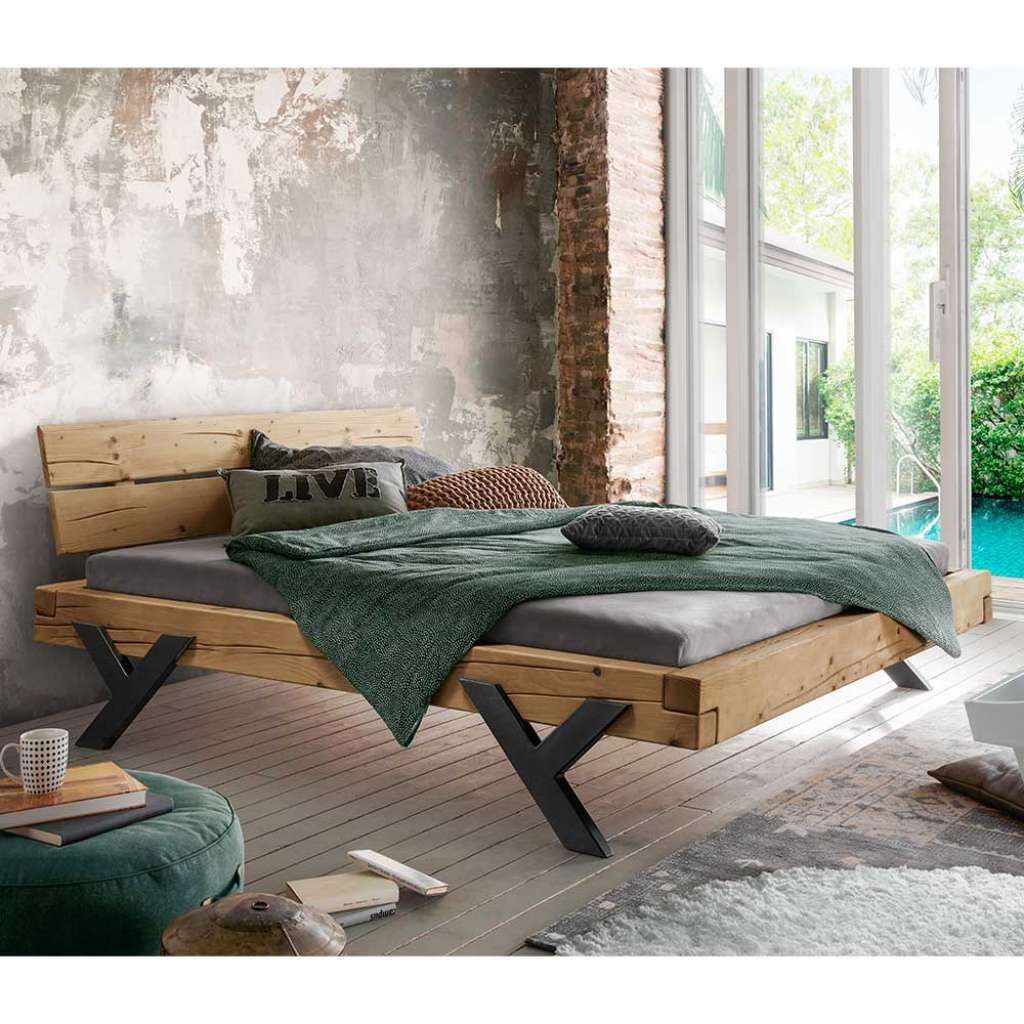 Vollholz Bettgestell mit Vierfußgestell aus Metall Y Form