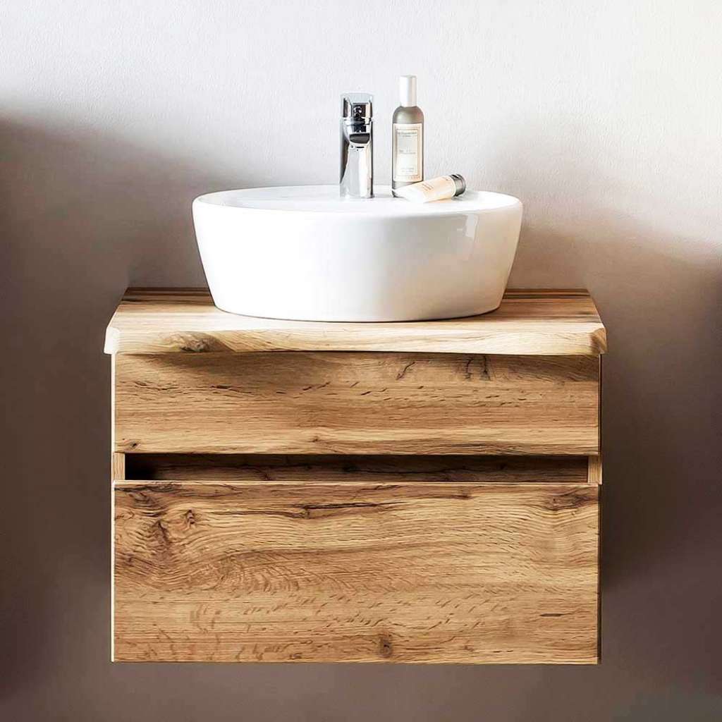 Landhaus Waschtisch mit Aufsatzbecken Platte in Baumkanten Optik Wildeiche