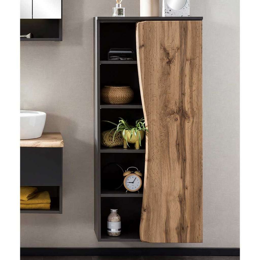 Bad Hochschrank in Dunkelgrau & Wildeichefarben Baumkanten Optik Tür