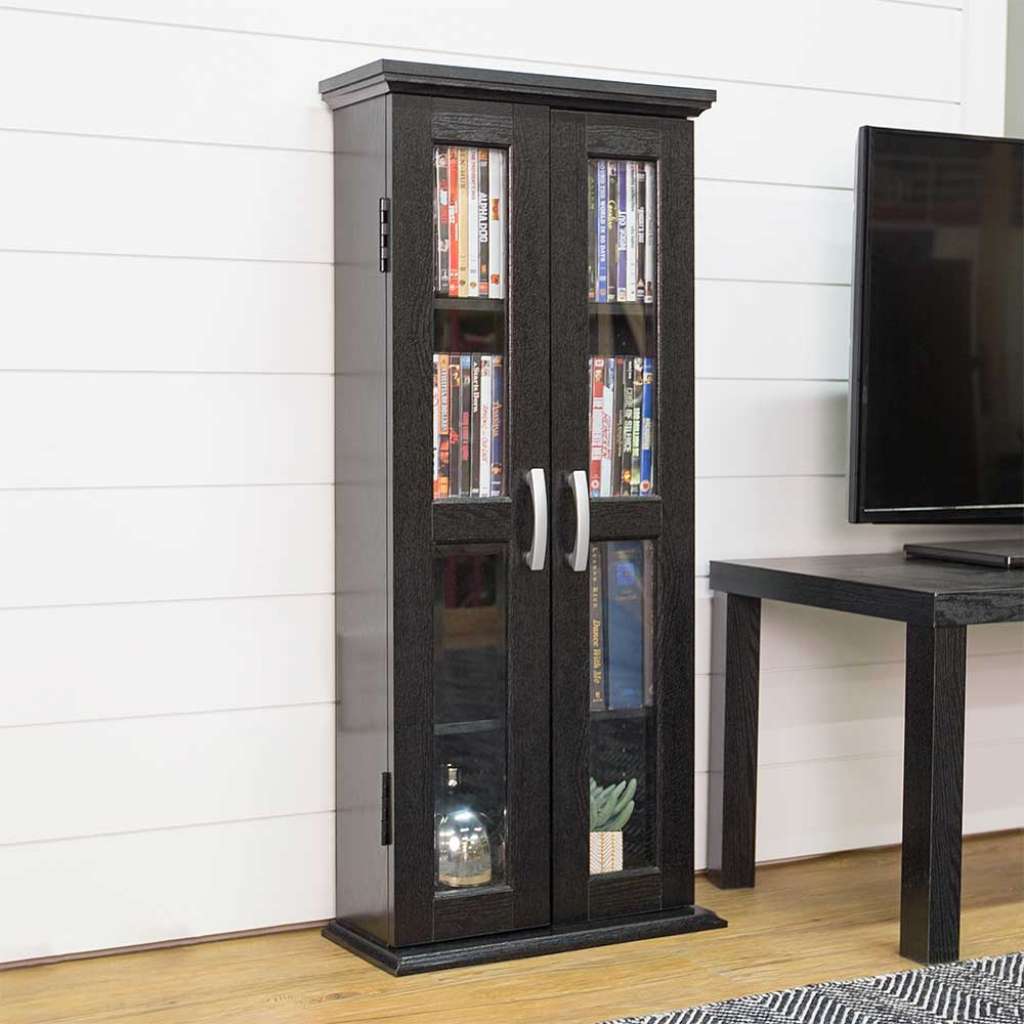Moderne DVD Vitrine in schwarzer Holzoptik zwei Glastüren