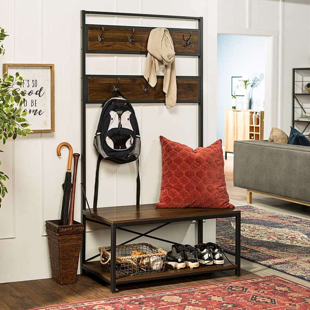 Flur Garderobe in dunkel Walnussfarben und Schwarz Industry und Loft Stil