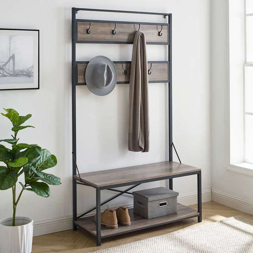 Factory Garderobe in Holz Grey Wash Optik und Schwarz 183 cm hoch