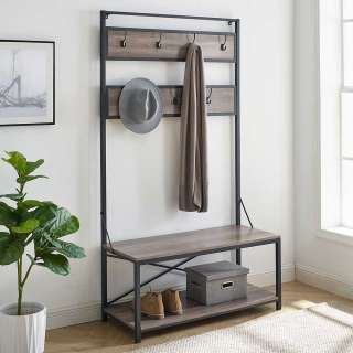 Factory Garderobe in Holz Grey Wash Optik und Schwarz 183 cm hoch
