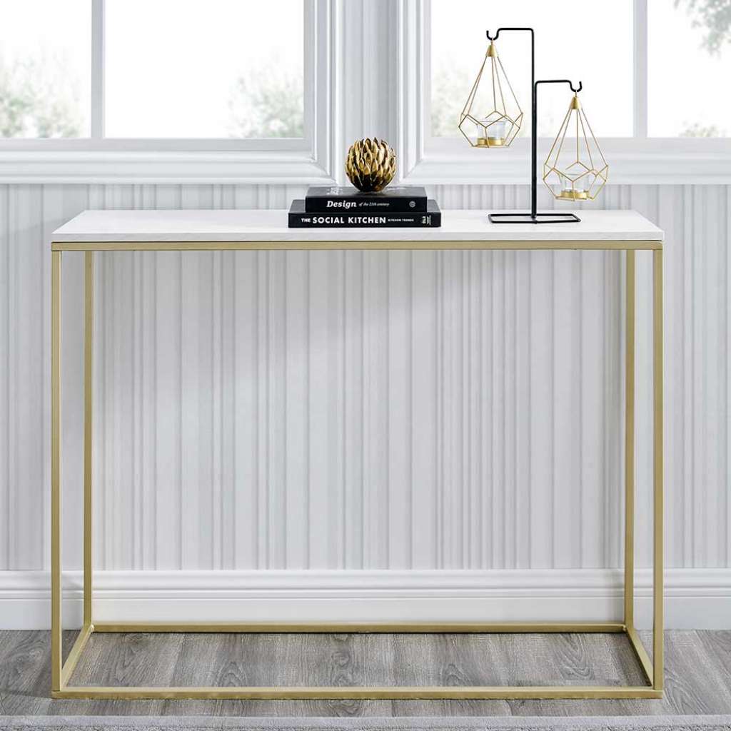 Tischkonsole Platte Marmoroptik Weiß Metallbügelgestell Goldfarben