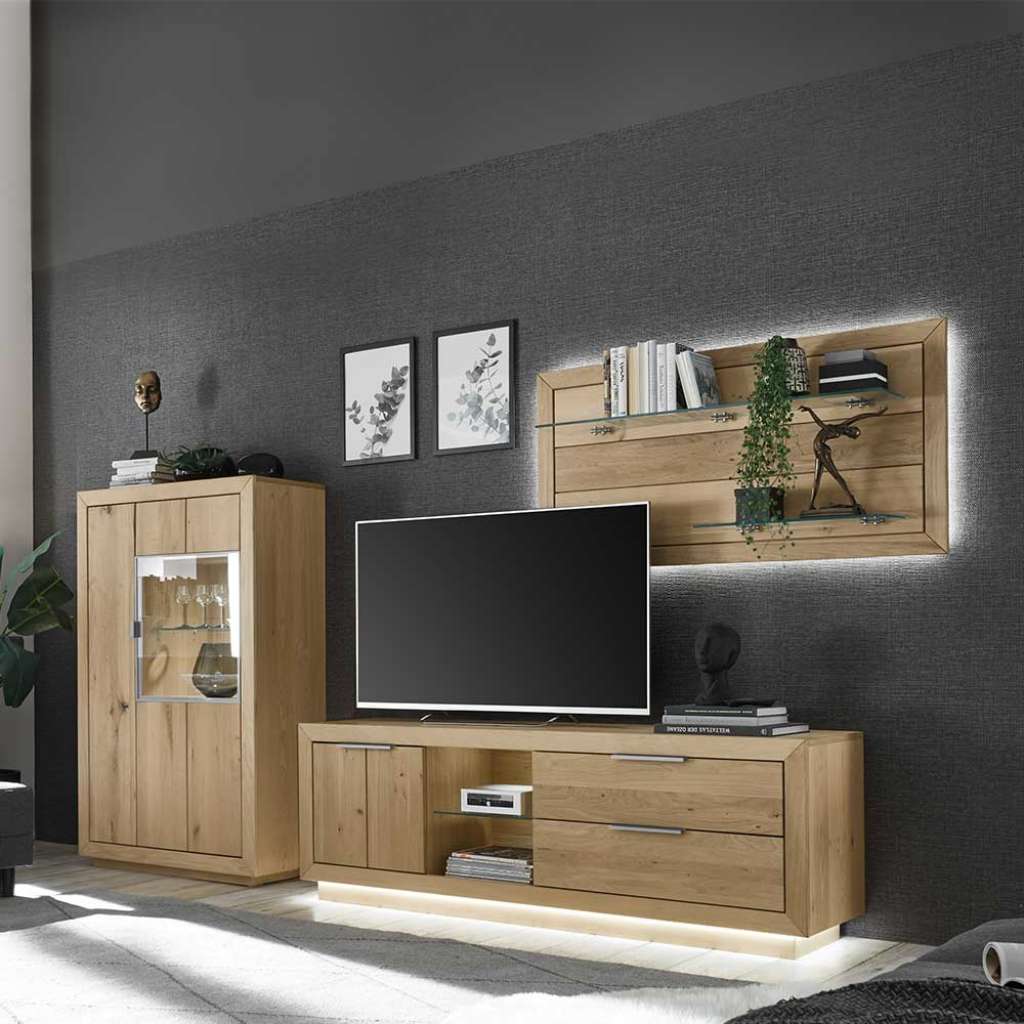 Wohnzimmeranbauwand in Eiche Bianco Wildeiche teilmassiv (dreiteilig)