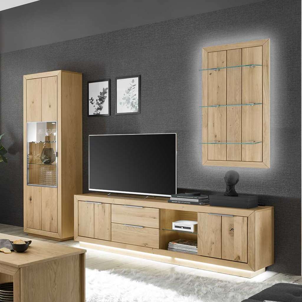 Schrankwand Wohnzimmer in Eiche Bianco Wildeiche teilmassiv (dreiteilig)
