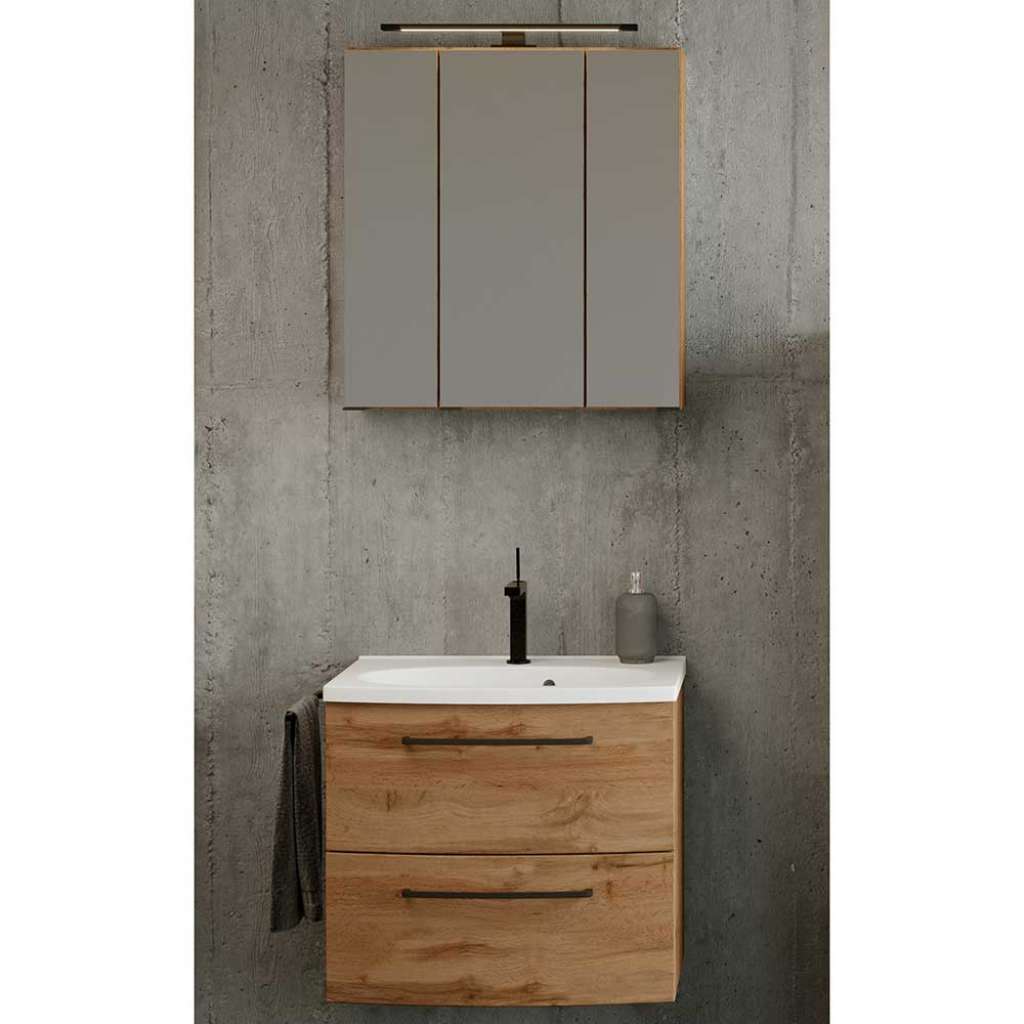 Waschplatz Set 60 cm in Wildeichefarben LED Beleuchtung (zweiteilig)