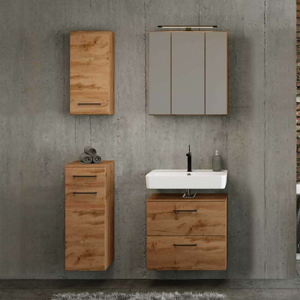 Waschraum Set Wildeiche Holzoptik Spiegelschrank inklusive (vierteilig)