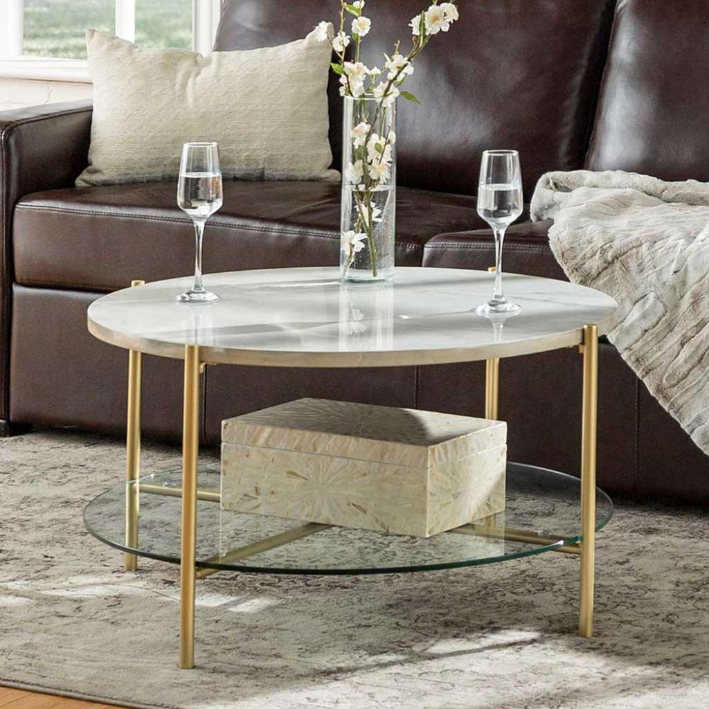Runder Designcouchtisch 80 cm Durchmesser Marmoroptik und Glas