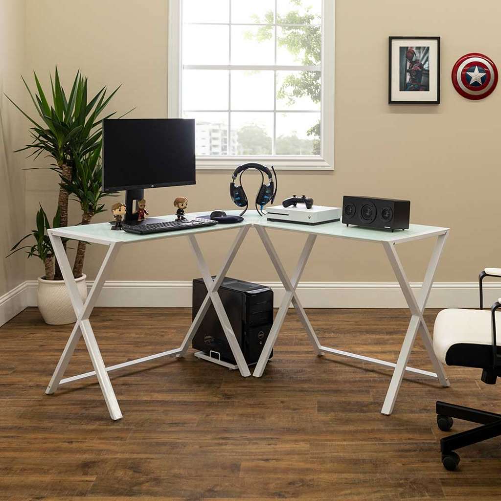 Designschreibtisch mit Tischplatte in Winkelform X Metall Gestell