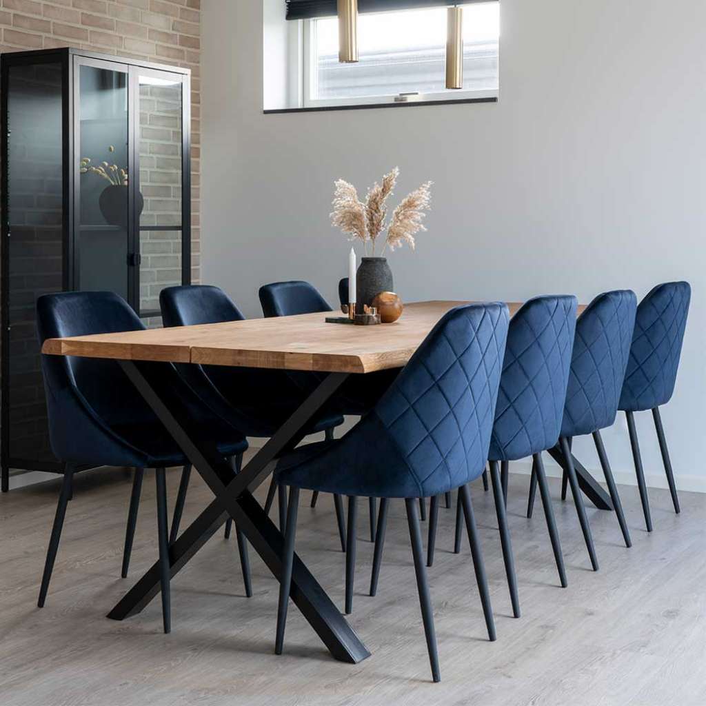 Esszimmer Gruppe modern Stühle Samt Blau Tisch Eiche (neunteilig)
