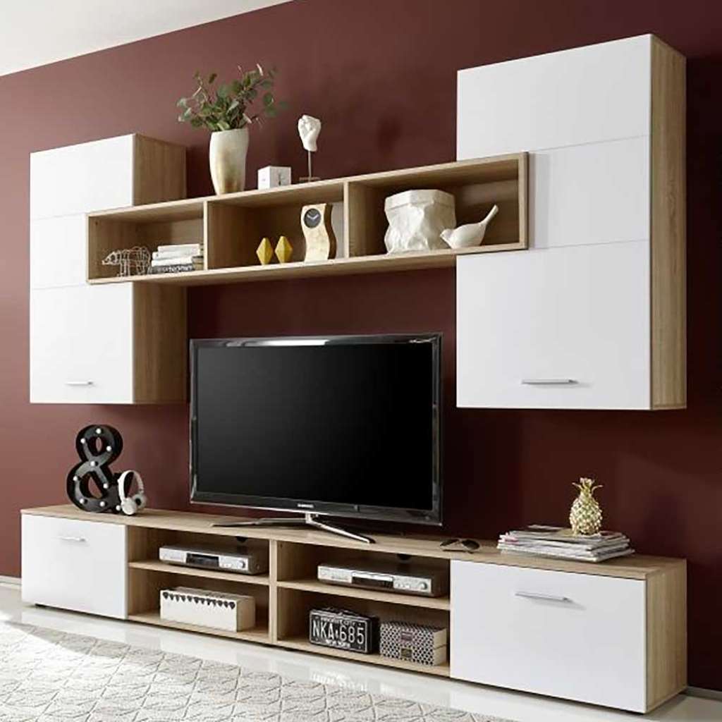 Moderne Schrankwand Wohnzimmer in Sonoma-Eiche Weiß (fünfteilig)