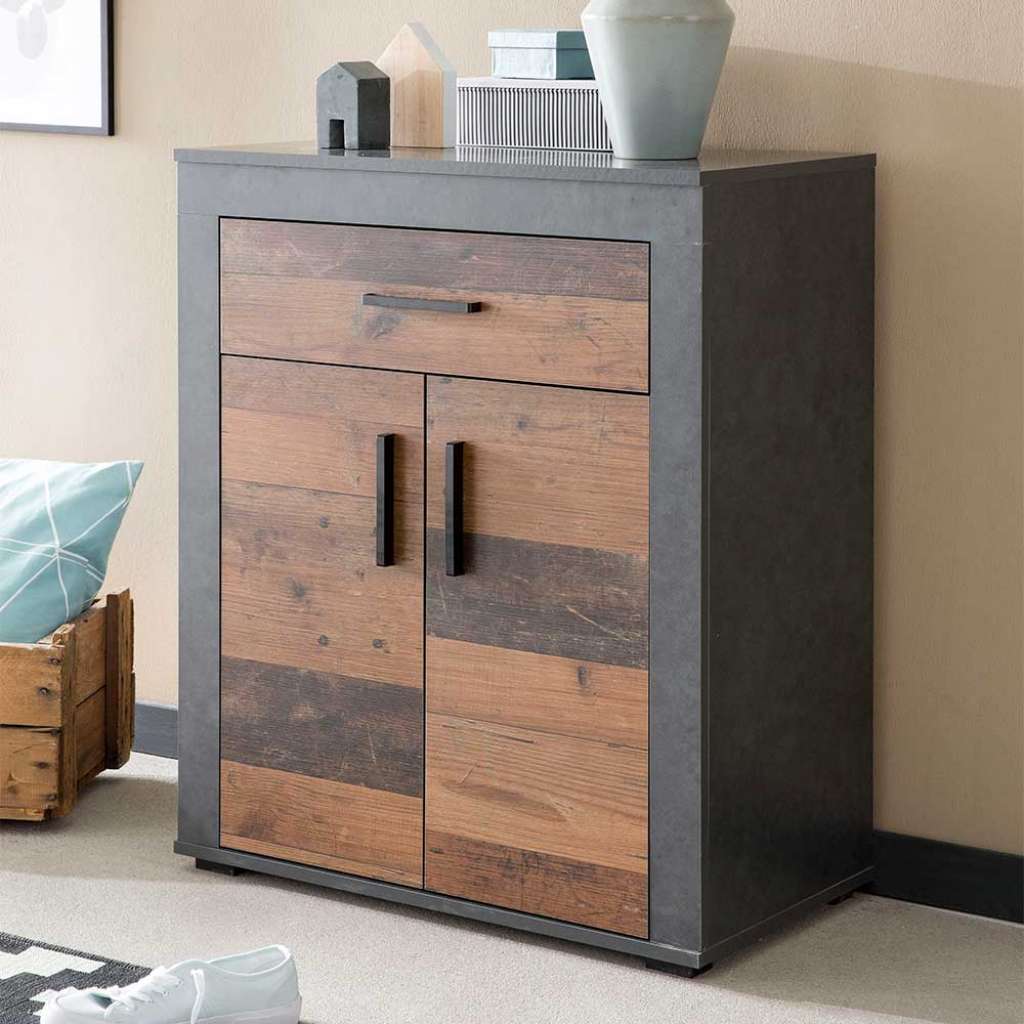 Schuhkommode in Dunkelgrau und Altholz Optik Schublade und 2 Türen