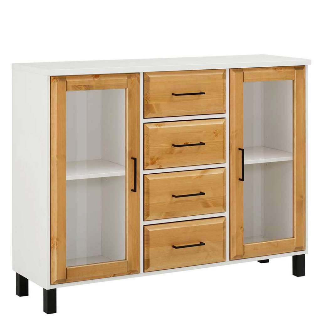 Esszimmersideboard mit Glastüren Kiefer Honigfarben & Weiß