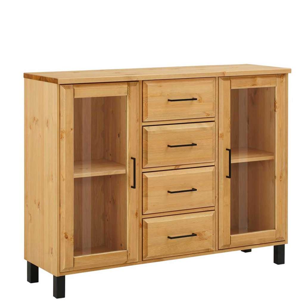 Kiefer Sideboard mit Glastüren vier Schubladen