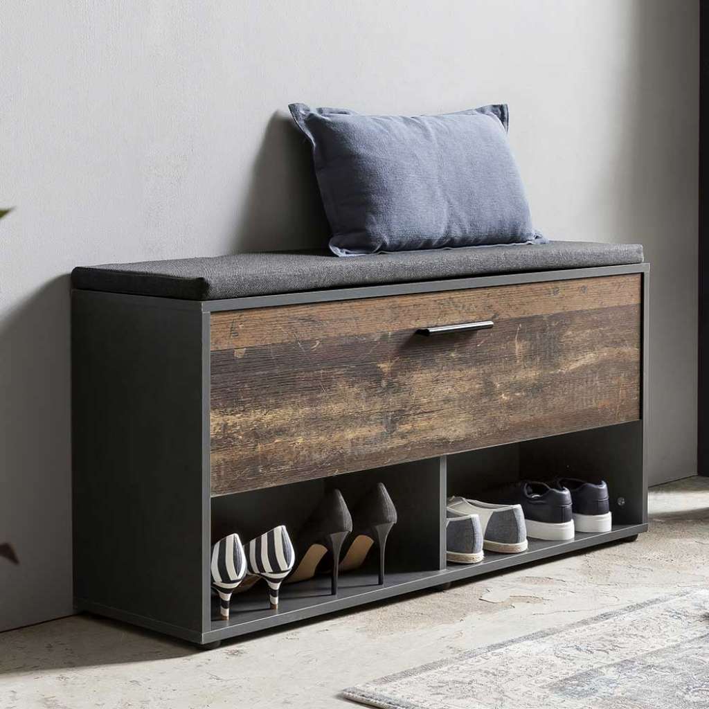 Flursitzbank in Holz Antik Optik Ablage für Schuhe & Klappe