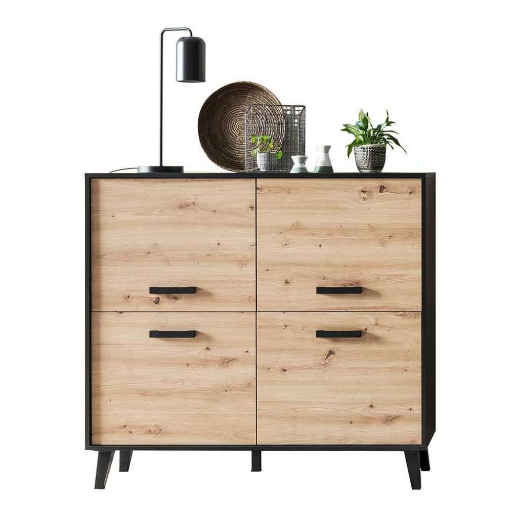 Wohnzimmer Highboard in Wildeichefarben Schwarz