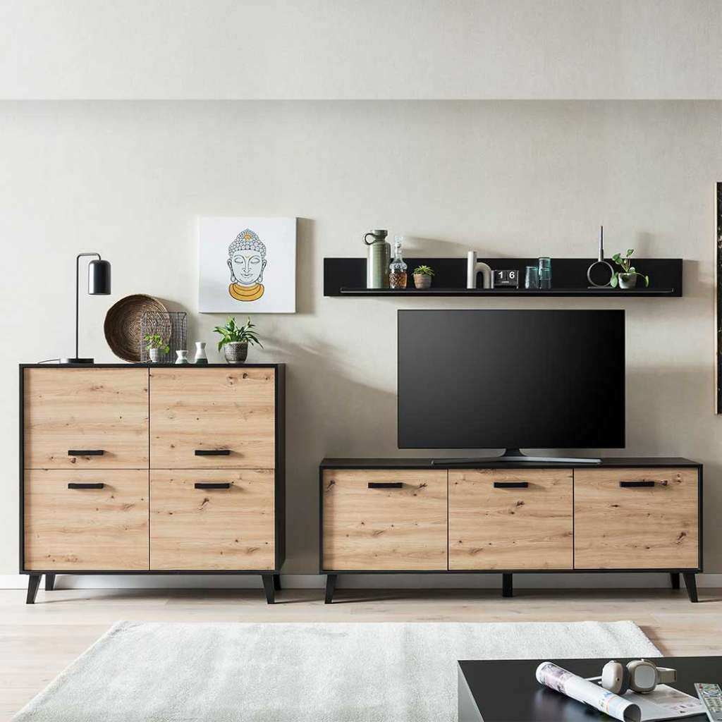 Wohnzimmer Anbauwand 118 cm hoch Wildeichefarben (dreiteilig)