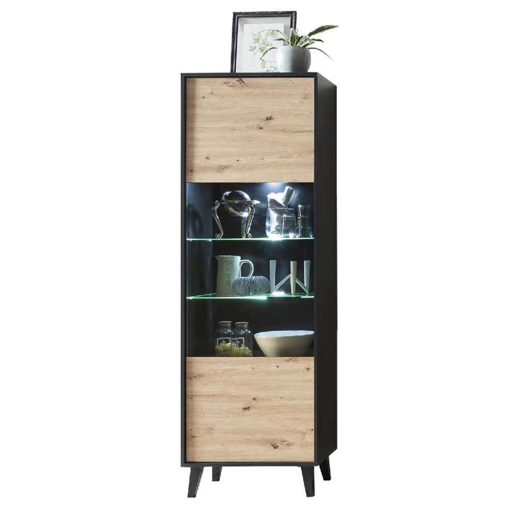 Schrank Vitrine in Wildeiche Holzoptik Schwarz