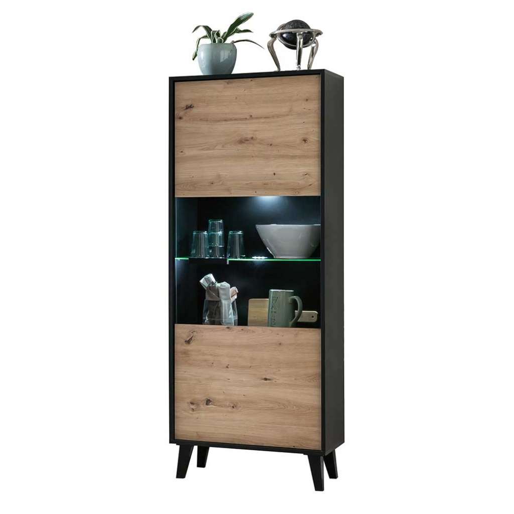 Esszimmer Vitrinenschrank mit Glastür Wildeichefarben & Schwarz