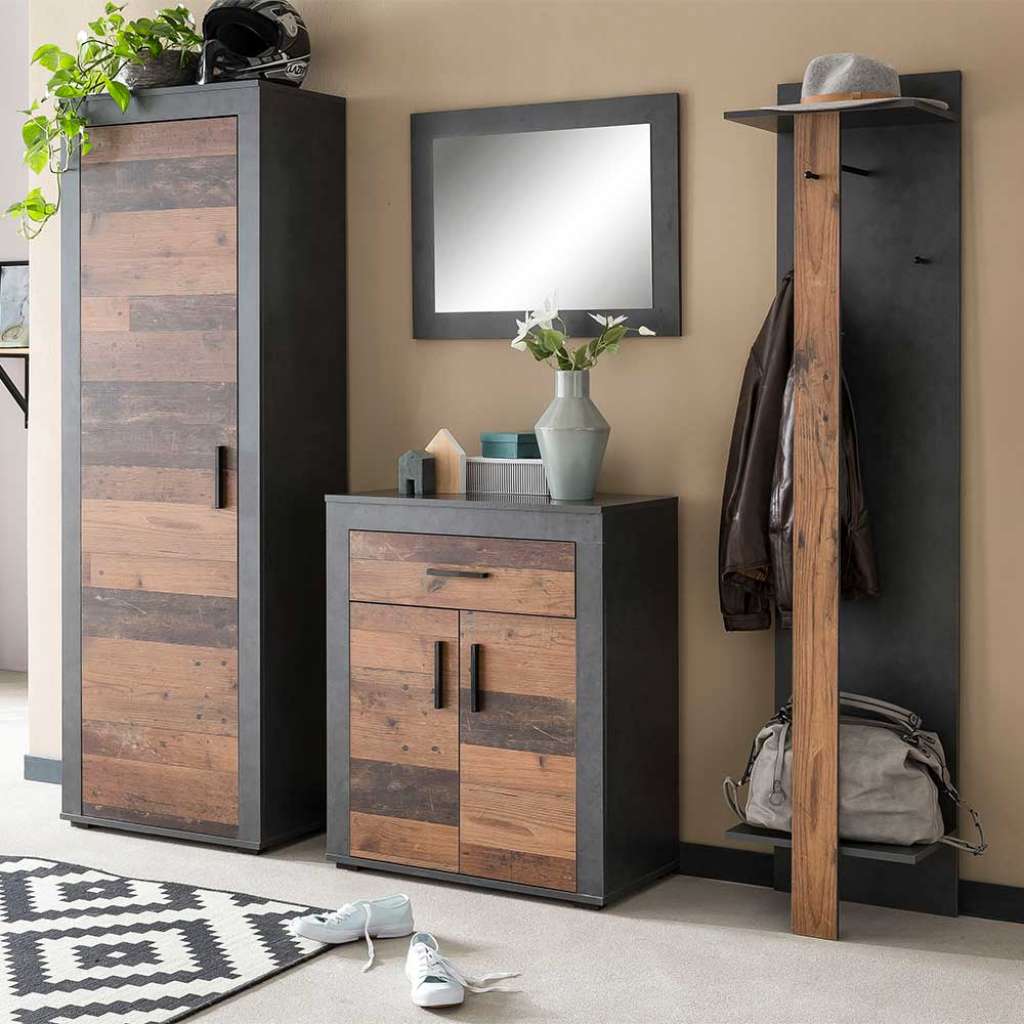 Garderobenkombination 182 cm hoch Holz Antik Optik & Dunkelgrau (vierteilig)