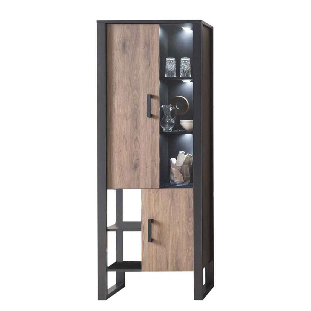 Vitrine Wohnzimmer offene Fächer und Türen Nussbaumfarben & Schwarz