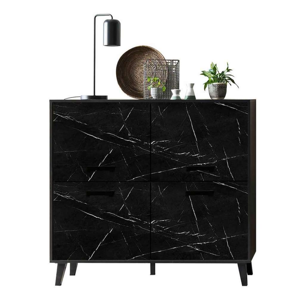 Schwarzes Highboard Marmoroptik Melamin 4 Türen